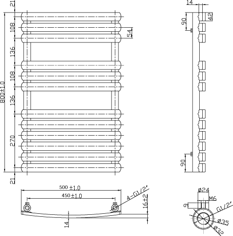 Technical image of Oxford Orchid Towel Radiator 800x500mm (Chrome).