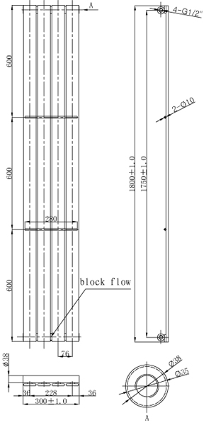 Technical image of Oxford Motif Vertical Flat Panel Radiator 1800x300mm (Chrome).