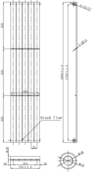Technical image of Oxford Motif Vertical Flat Panel Radiator 1800x376mm (Chrome).
