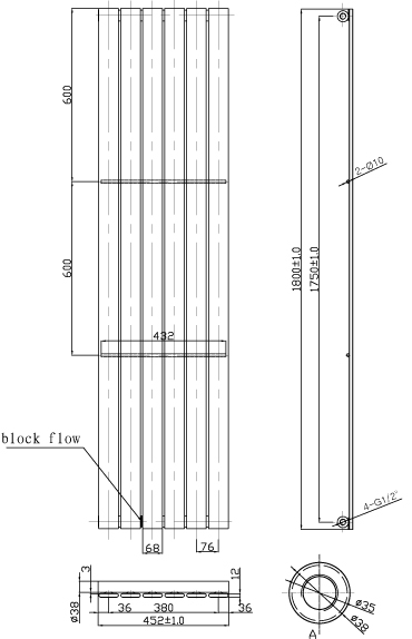 Technical image of Oxford Motif Vertical Flat Panel Radiator 1800x452mm (Chrome).
