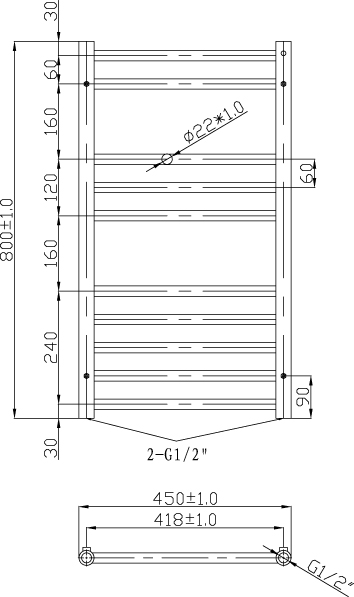 Technical image of Oxford Luxe Towel Radiator 800x450mm (Stainless Steel).