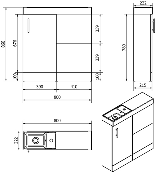 Technical image of Italia Furniture Cube Plus Pack With White Vanity, BTW Unit & Basin (LH).