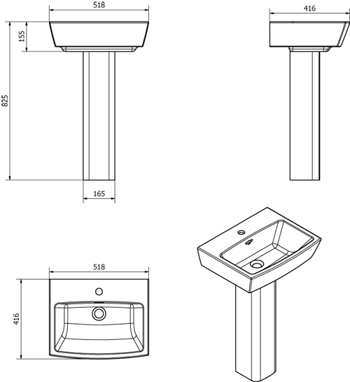 Technical image of Oxford Daisy Lou Suite With Close Coupled Toilet, Seat, Basin & Full Pedestal.