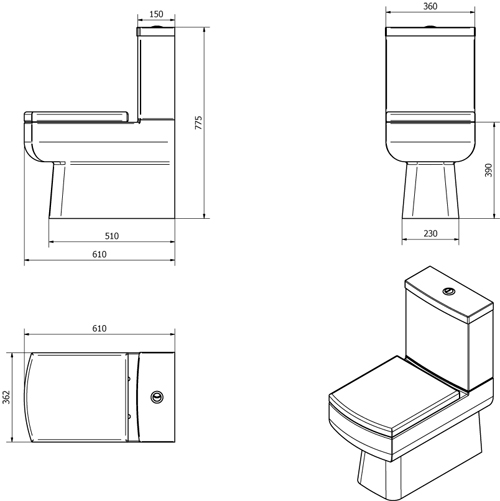 Technical image of Oxford Daisy Lou Suite With Flush To Wall Toilet, Seat, Basin & Semi Pedestal