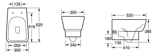 Technical image of Oxford Dearne Bathroom Suite With Wall Hung Pan & Semi Recessed Basin.