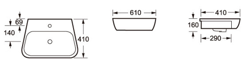 Technical image of Oxford Dearne Bathroom Suite With Wall Hung Pan & Semi Recessed Basin.