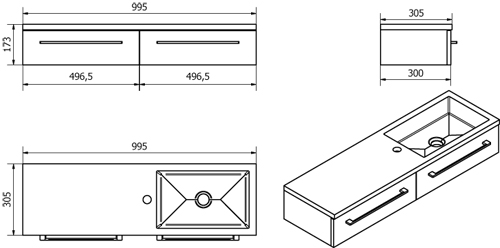 Technical image of Italia Furniture 1000mm Vanity Unit With Drawer & Basin (Gloss White).