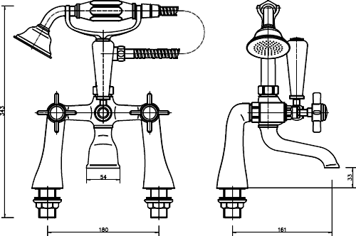 Technical image of Hydra Eton Traditional Bath Shower Mixer Tap With Shower Kit (Chrome).