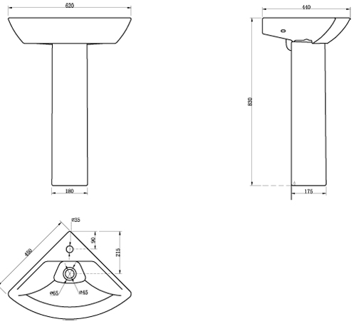 Technical image of Oxford Fair Corner Basin & Full Pedestal (1 Tap Hole).