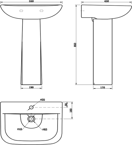 Technical image of Oxford Fair Bathroom Suite With Toilet, Wrapover Seat, Basin & Full Pedestal.