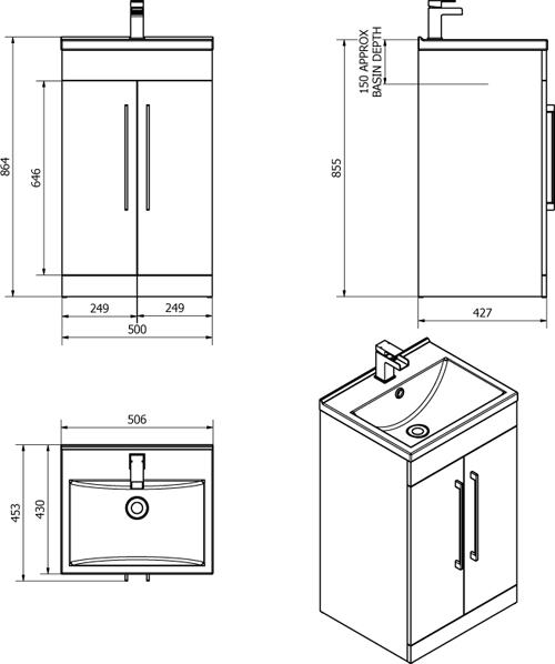 Technical image of Italia Furniture 500mm Vanity Unit With White Basin (Grey).