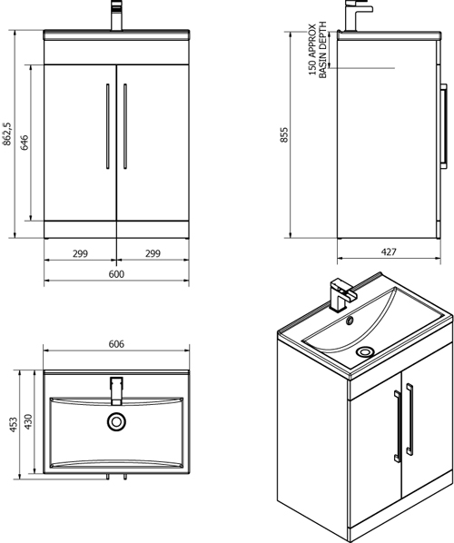 Technical image of Italia Furniture 600mm Vanity Unit With White Basin (Grey).