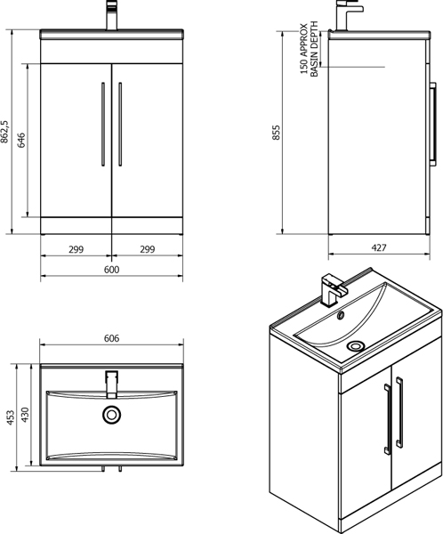 Technical image of Italia Furniture 600mm Vanity Unit With White Basin (Gloss White).