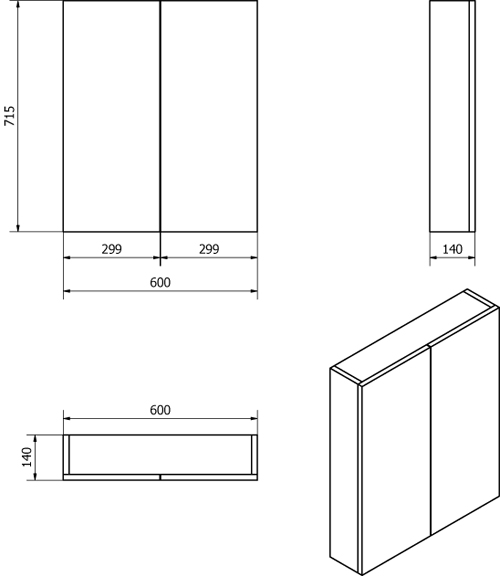 Technical image of Italia Furniture 2 Door Mirror Bathroom Cabinet 600mm (Grey).