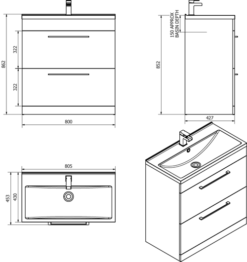 Technical image of Italia Furniture 800mm Vanity Unit With Drawers & White Basin (Gloss White).