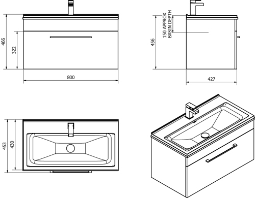 Technical image of Italia Furniture 800mm Vanity Unit With Drawer & White Basin (Black).