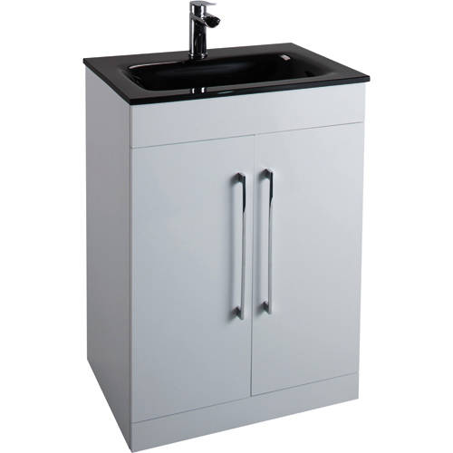 Larger image of Italia Furniture 600mm Vanity Unit With Black Glass Basin (Gloss White).