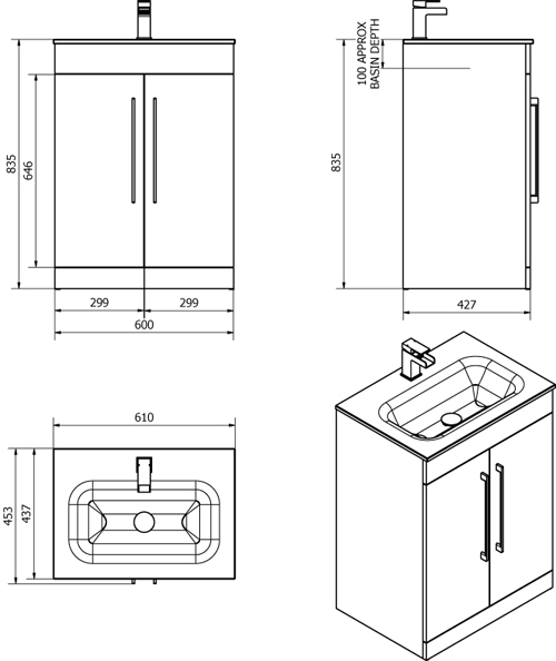 Technical image of Italia Furniture 600mm Vanity Unit With Black Glass Basin (Gloss White).