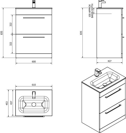 Technical image of Italia Furniture 600mm Vanity Unit With Drawers & Black Glass Basin (Black).