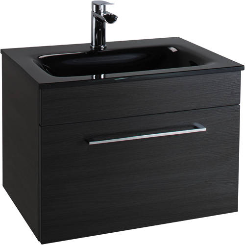 Larger image of Italia Furniture 600mm Vanity Unit With Drawer & Black Glass Basin (Black).