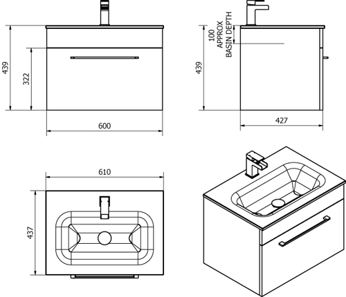 Technical image of Italia Furniture 600mm Vanity Unit With Drawer & Black Glass Basin (Black).