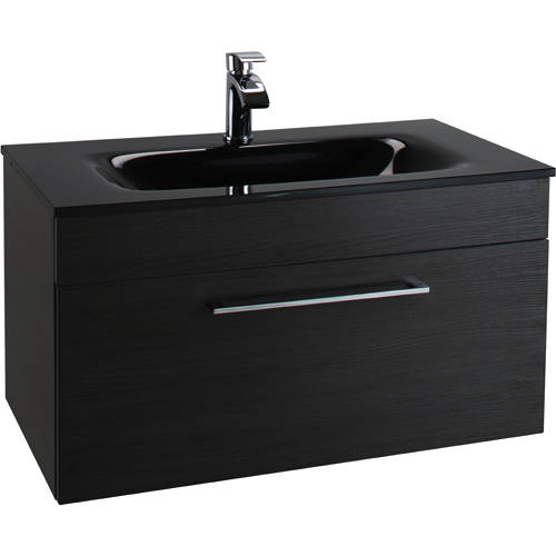 Larger image of Italia Furniture 800mm Vanity Unit With Drawer & Black Glass Basin (Black).