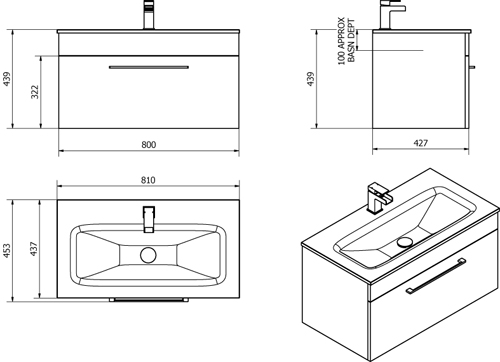 Technical image of Italia Furniture 800mm Vanity Unit With Drawer & Black Glass Basin (Black).