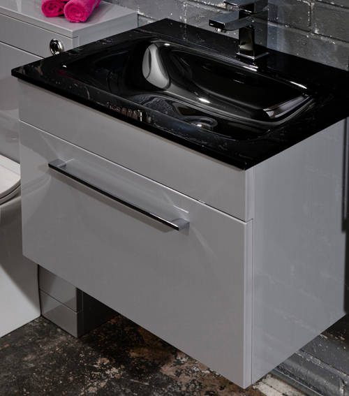 Example image of Italia Furniture 600mm Vanity Unit With Drawer & Black Glass Basin (Grey).