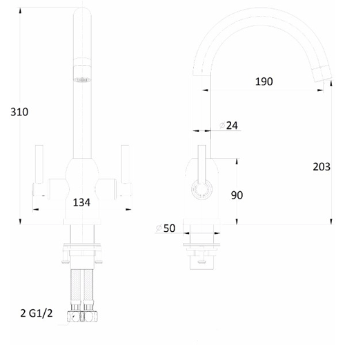 Technical image of Hydra Ruby Kitchen Tap With Twin Lever Controls (Chrome).