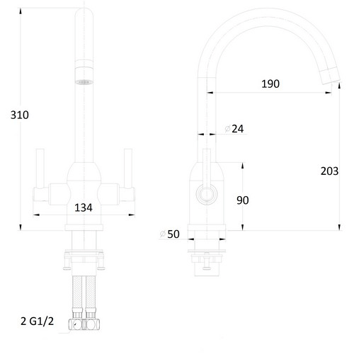 Technical image of Hydra Ruby Kitchen Tap With Twin Lever Controls (Brushed Steel).