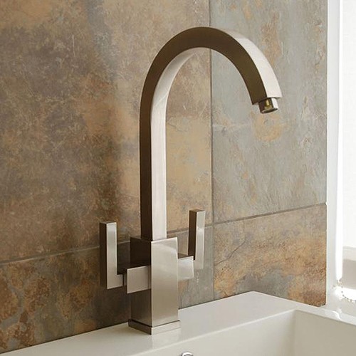 Larger image of Hydra Qubic Kitchen Mixer Tap With Twin Lever Control (Brushed Steel).