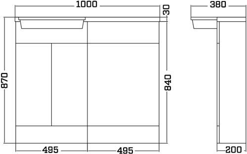 Technical image of Italia Furniture Ria Combi Pack With Vanity, BTW Unit & Basin (LH, Gloss White).