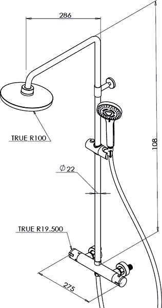 Technical image of Hydra Malton Thermostatic Bar Shower Valve & Rigid Riser Set.