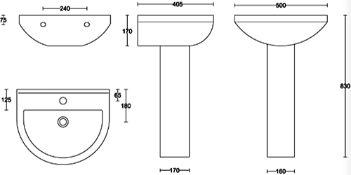 Technical image of Oxford Montego Bathroom Suite With Toilet, Seat, Basin & Full Pedestal.