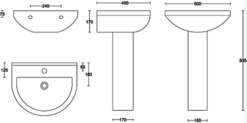 Technical image of Oxford Montego Bathroom Suite, Comfort Toilet, Seat, Basin & Ped.