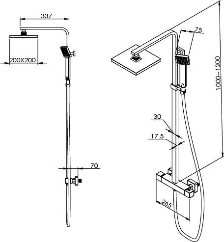 Technical image of Hydra Norton Thermostatic Bar Shower Valve & Rigid Riser Set.