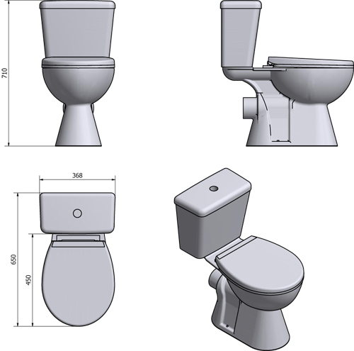 Technical image of Oxford Unison Close Coupled Toilet With Cistern & Soft Close Seat.