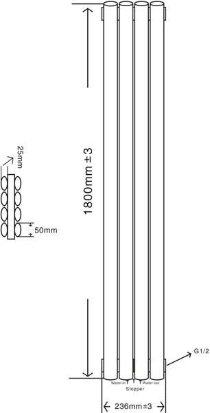 Technical image of Oxford Celsius Double Panel Vertical Radiator 1800x236mm (Anthracite).