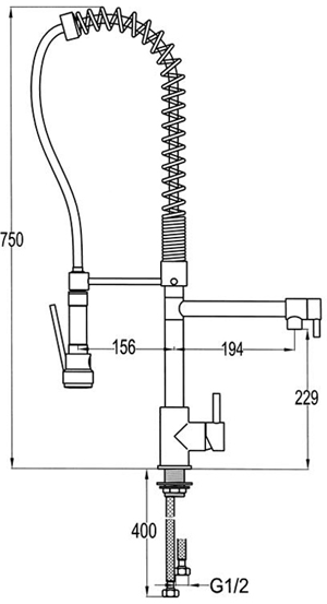 Technical image of Hydra Professional Kitchen Tap With Rinser And Swivel Spout. 750mm High.