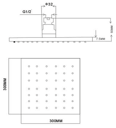 Technical image of Hydra Showers Large Square Shower Head & Arm (300mm x 300mm).