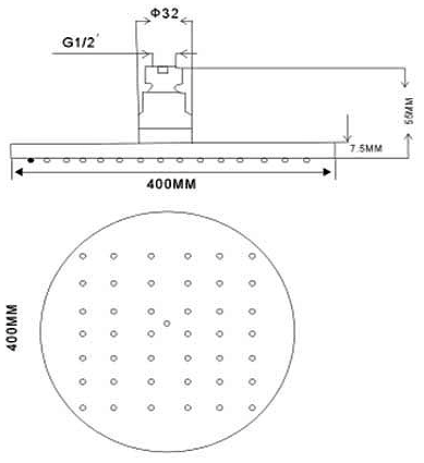 Technical image of Hydra Showers Extra Large Round Shower Head & Arm (400mm, Chrome).