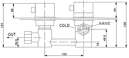 Technical image of Hydra Showers Twin Thermostatic Shower Valve, Slide Rail & Square Handset.