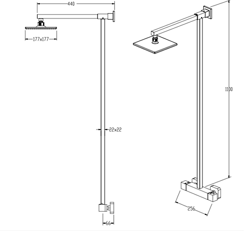 Technical image of Hydra Showers Thermostatic Bar Shower Valve With Rigid Riser Kit.