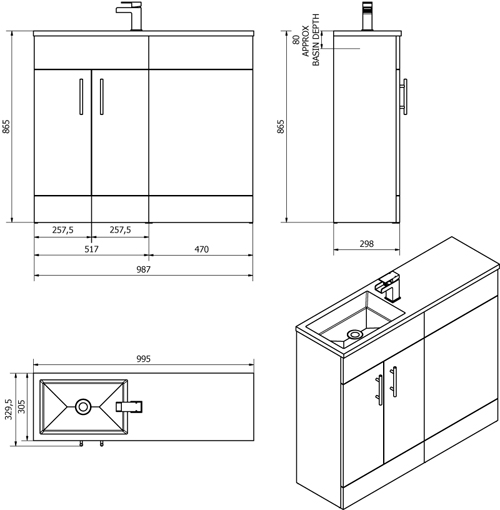 Technical image of Italia Furniture Slimline Pack With Black Ash Vanity, BTW Unit & Basin (LH).