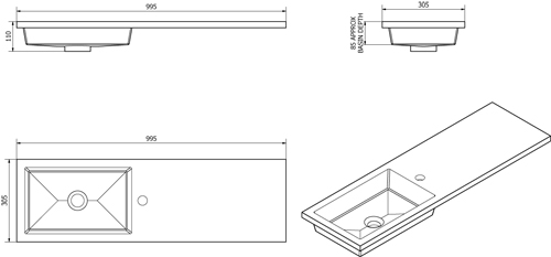 Technical image of Italia Furniture Slimline Pack With Black Ash Vanity, BTW Unit & Basin (RH).