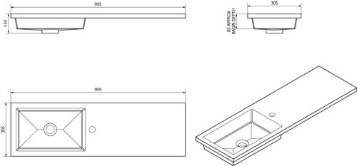 Technical image of Italia Furniture Slimline Pack With White Vanity, BTW Unit & Basin (RH).