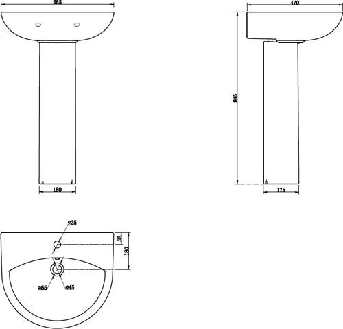 Technical image of Oxford Spek Bathroom Suite With Corner Toilet, Seat, Basin & Full Pedestal.