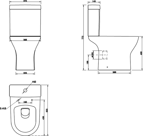 Technical image of Oxford Spek Bathroom Suite, Toilet, Slimline Seat, Corner Basin & Pedestal.
