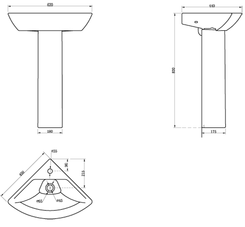 Technical image of Oxford Spek Bathroom Suite, Toilet, Slimline Seat, Corner Basin & Pedestal.