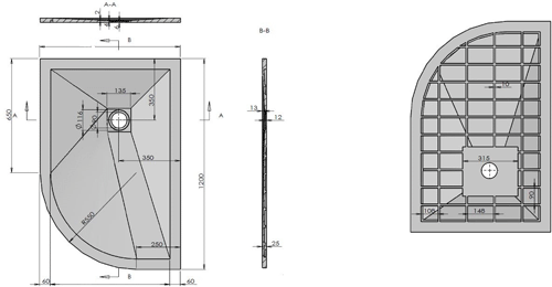 Technical image of Slate Trays Offset Quad Shower Tray With Waste 1200x900 (Anthracite, RH).